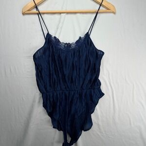 Navy Blue Pleated Lace Trim Bodysuit Spaghetti Strap Floral Embroidered Top